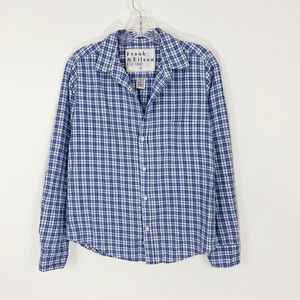 Frank & Eileen Barry Shirt Blue White Plaid Cotton Button Up Top Size Small